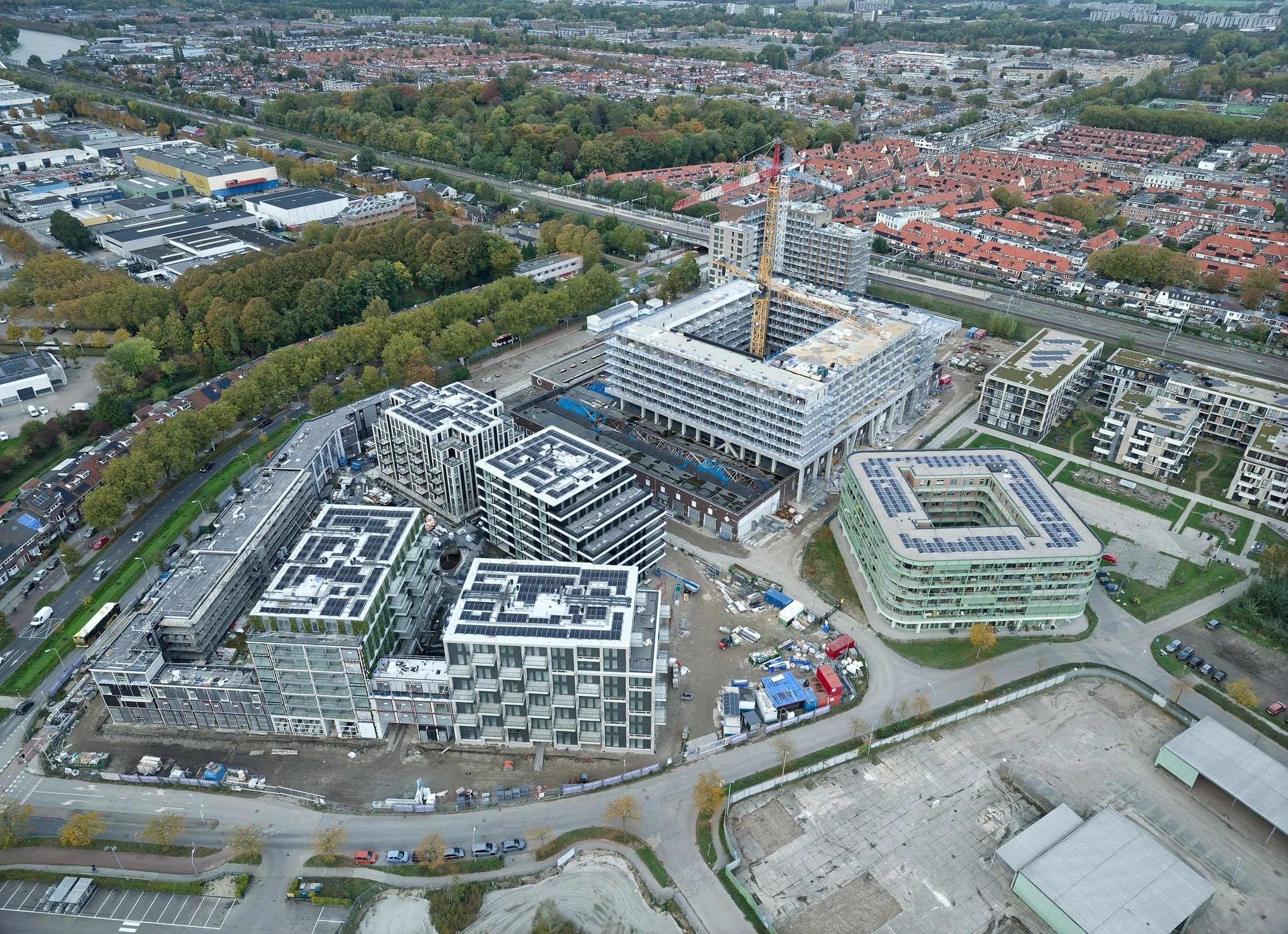 Aerial view of apartment building construction